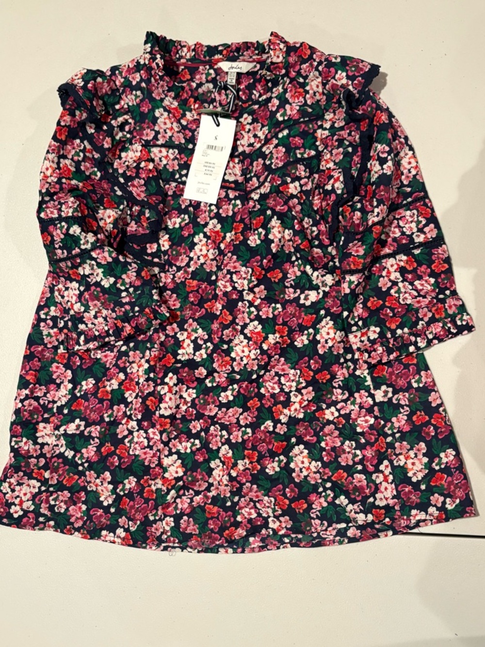Joules Navy Floral Ruffle-Neck Blouse